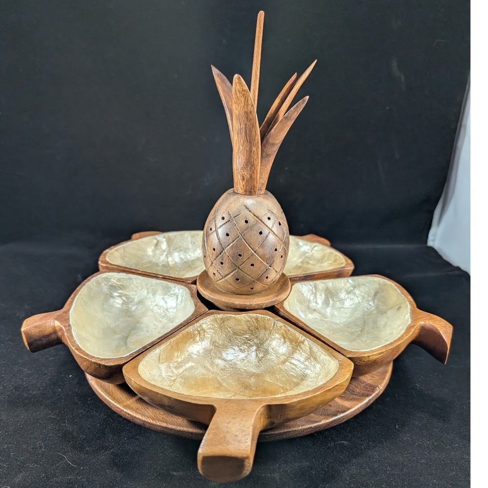 Pineapple‎ Hawaiian Hand Carved Monkey Pod Lazy Susan Serving Tray